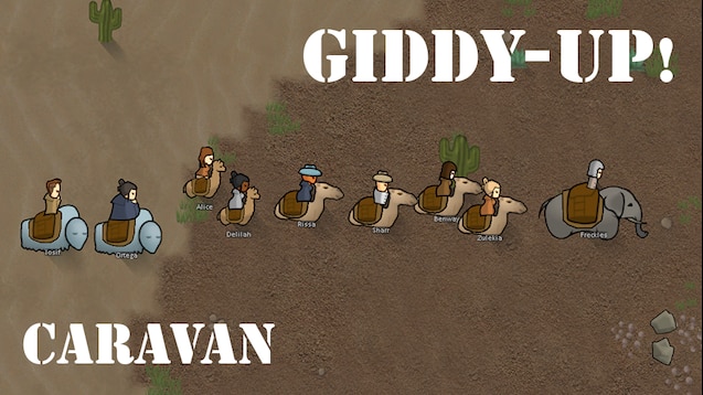 An image of colonist riding various creatures in Rimworld