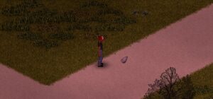 a character standing on a road next to a chipped stone in Project Zomboid