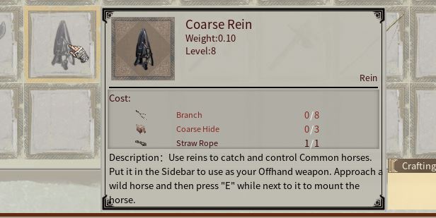 Showing the crafting recipe for the coarse rein in myth of empires, used to tame horses